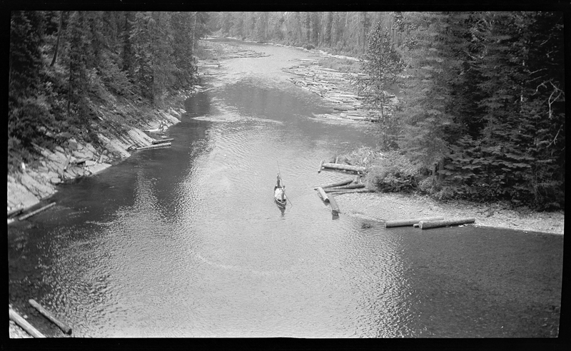 Two unidentified men are standing in a canoe in the middle of a river and fishing. There are trees on the banks of both sides of the river.
