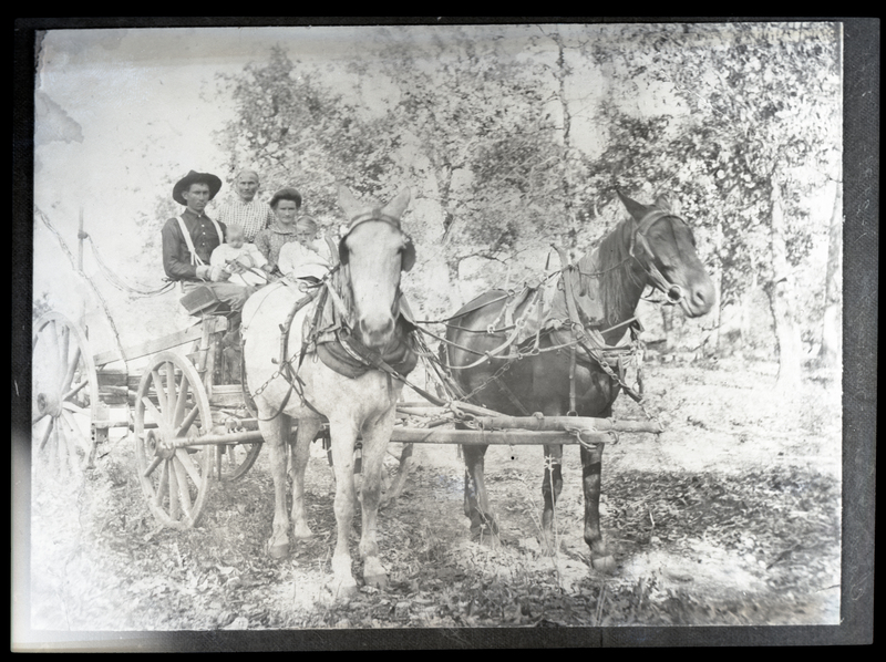 Photo of a group of people and two young children riding on a horse-and-buggy in Murray, Idaho. Two horses pull the buggy where everyone is seated.
