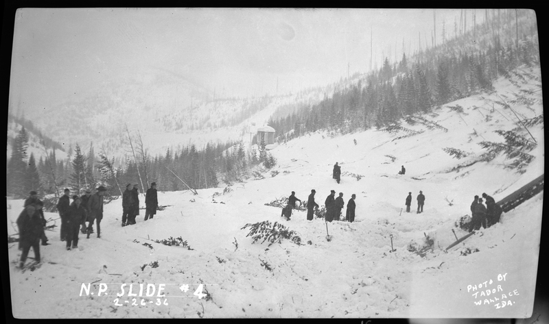 Photo of several groups of people standing in deep snow. Some people seem to be trying to dig out covered train cars that were hit by an avalanche on the Northern Pacific Railroad. Trees can be seen knocked down by the snow slide in the background, and there are many shovels sticking out of the snow throughout the area. Other photos of the accident say that three people died.