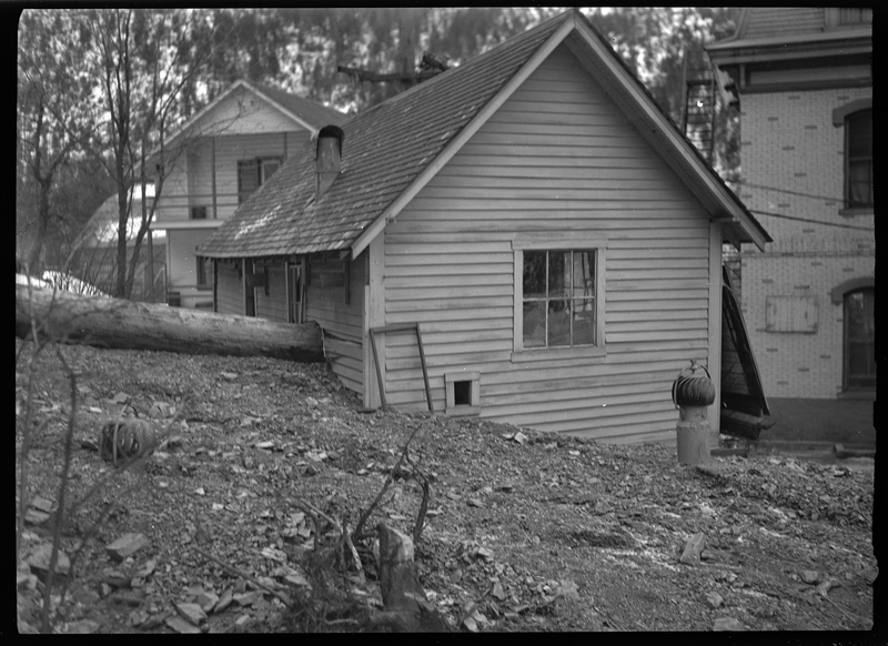 Photo of a house that was damaged from a landslide. The trunk of a tree slide through the house, impaling it from the front wall to the back wall. The tree did not fall on it, so the roof is completely intact and the building stands.