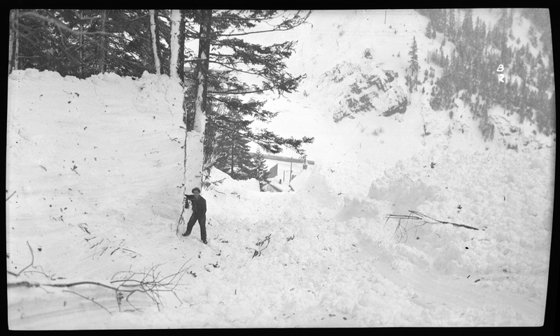 An unidentified person walking up a snow covered incline towards the photographer, who is looking down over the town of Burke, Idaho where an avalanche occurred. Large piles of snow with plant debris is visible around the person. This is likely the path of the avalanche.