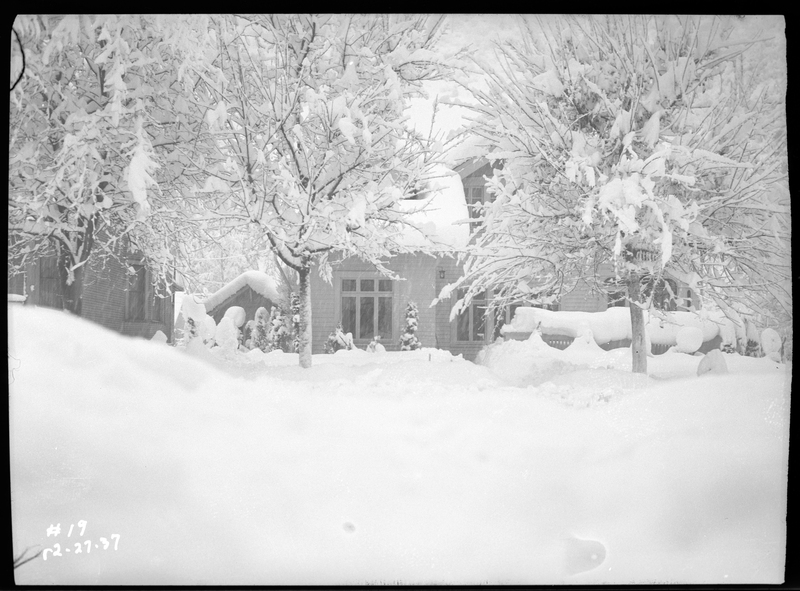 Photo of two houses in Wallace, Idaho during an active snowstorm. What is visible of the roofs are covered in several inches of snow, as is the front yards and the trees around the buildings.