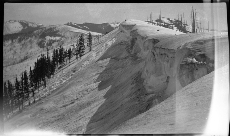Photo parallel to the drop off of a hill at Jack Waite Mine that is covered in a heavy layer of snow. There are trees on either side of the drop off.