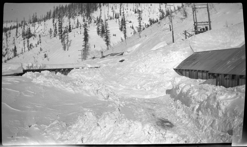Photo of the outside of Jack Waite Mine that has had heavy snowfall. There are trees in the background. Part of the ground appears to have been plowed or shoveled, but it is still covered in snow, and the part of a building that is visible has walls of snow around it that almost reach the roof.