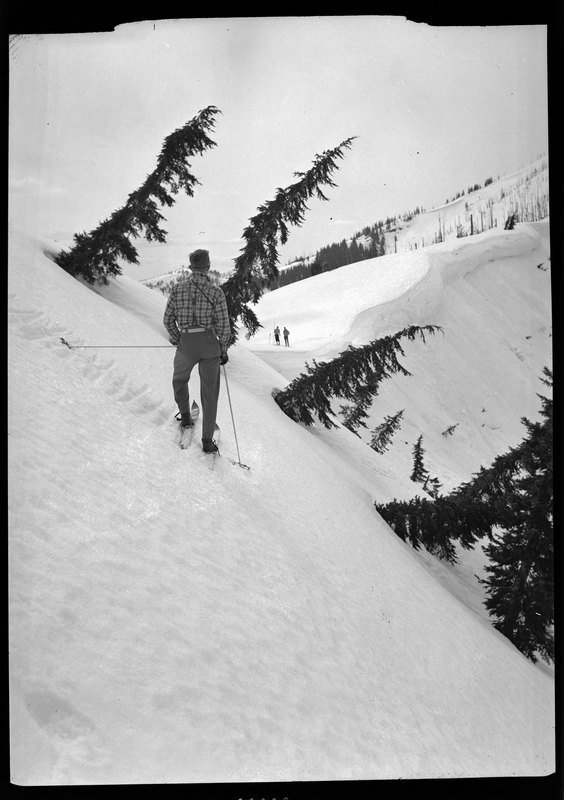 Photo of an unidentified man skiing away from the photographer at Lookout Pass.