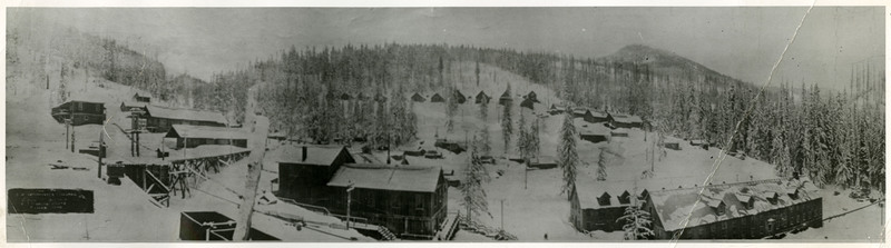 A panorama of several buildings covered in snow. The label on the back identifies the location as possibly Tamarack, ID.