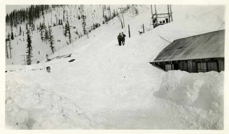 Two unidentified people stand in the snow near Lookout Pass. Two dogs stand nearby as well. The snow in the area has almost completely covered nearby buildings.