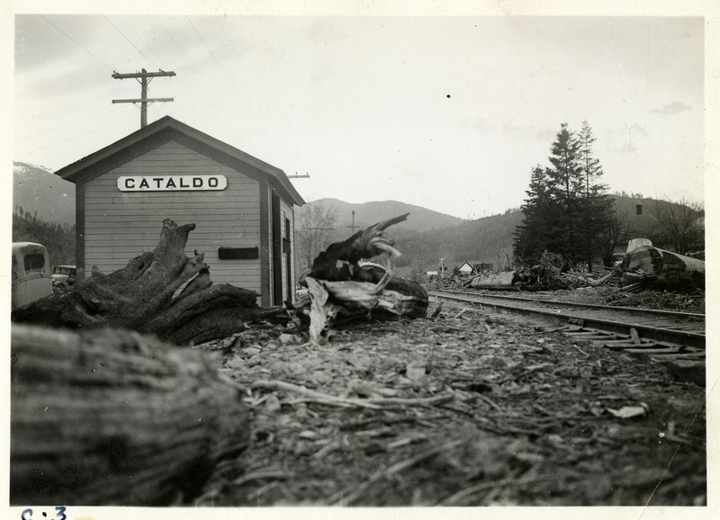 Downed trees and other plant debris litter a train track after the Wallace flood. Several buildings and telephone poles are visible in the background, and the closest sign reads "Cataldo."