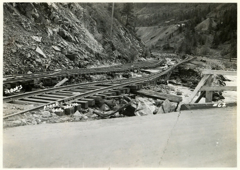 A badly damaged section of railroad tracks after the Wallace flood.