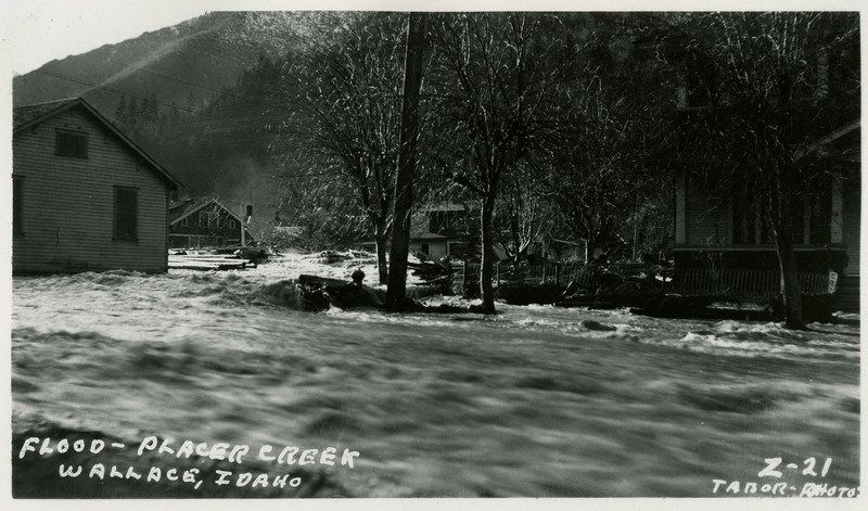 Floodwaters rush near Placer Creek, damaging houses, trees, and leaving debris in its wake during the Wallace flood.