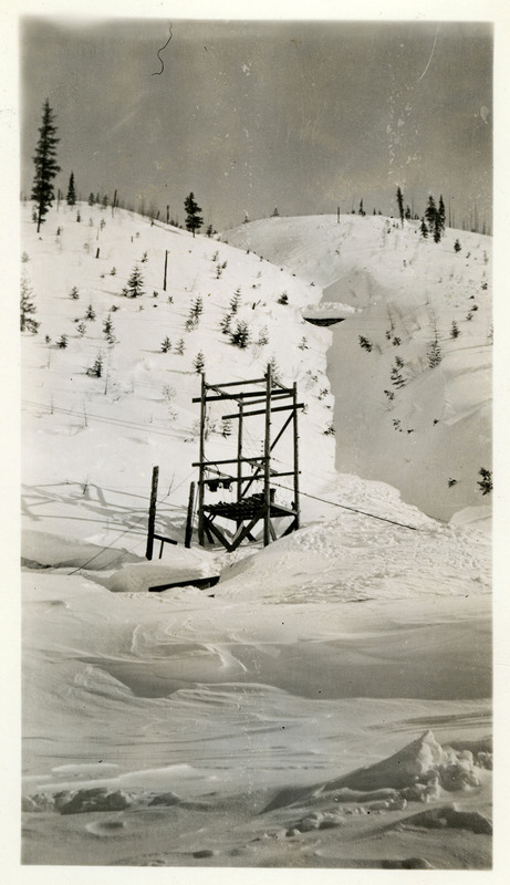 Snow covers buildings and trees at Jack Waite mine.