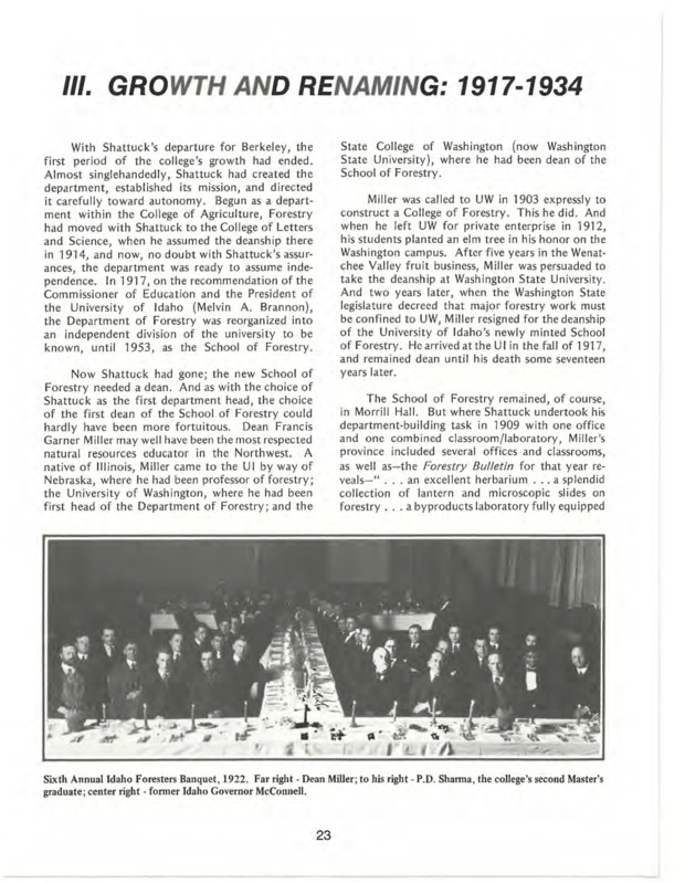 This chapter overviews the growth of the School of Forestry from 1917-1934, including the hardships and losses during WWI and WWII. Additionally, this section documents the nuanced curriculum changes over this timeframe, including the development of a common curriculum for all freshmen pursuing either General Forestry, Grazing, or Lumberman's Forestry. Not only did the School host international students such as Eugenio de la Cruz but it also acquired experimental forest land during this time.