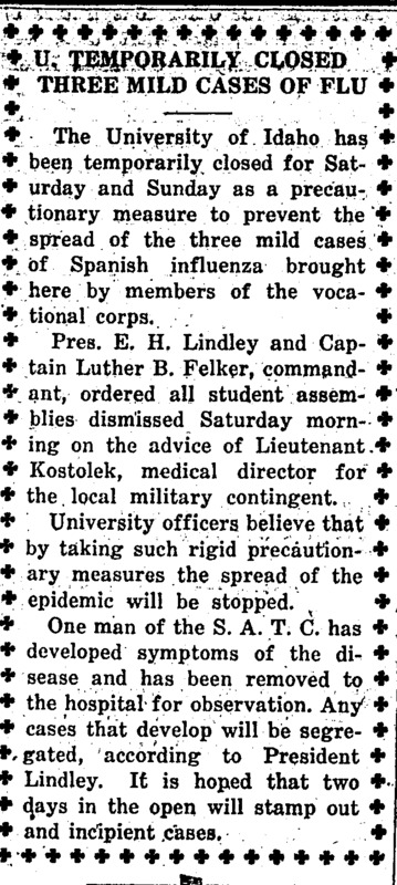 The article indicates the the university took the precautionary measure to close the school temporarily in order to prevent the spread of the Spanish Flu when three members of the S.A.T.C.'s vocational corps were found to have mild cases.