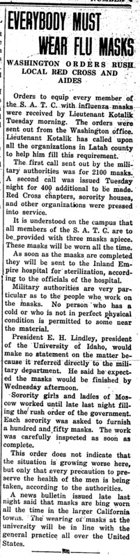Subheaded 'Washington Orders Rush ocal Red Cross and Aides,' the article discusses the order from the government that all patients of the influenza were required to wear face masks, and how the Red Cross and sorority members were making the masks for the patients.