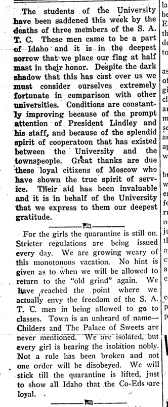 The editorial notes comment on the fortunate circumstances of the university due to the attention of President Lindley, the cooperation between the university and town, as well as how those in quarantine a fairing during the trying times.