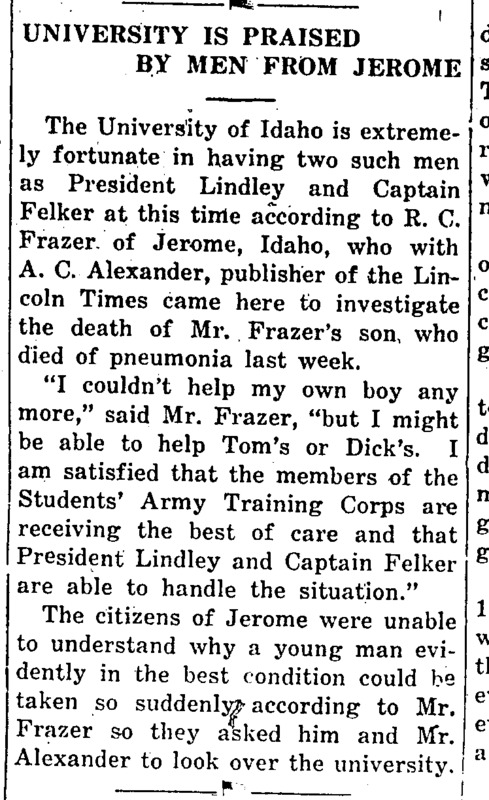 After visiting the university to investigate the death of his son, Mr. R.C. Frazer praises the care given to the S.A.T.C.