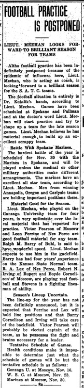 Subheaded 'Lieut. Meehan Looks Forward to Brilliant Seaseon for Teams,' the article discusses the postponement of football practice due to the influenza epidemic. The acting coach is waiting on word from Dr. Kotalik before practices may restart.