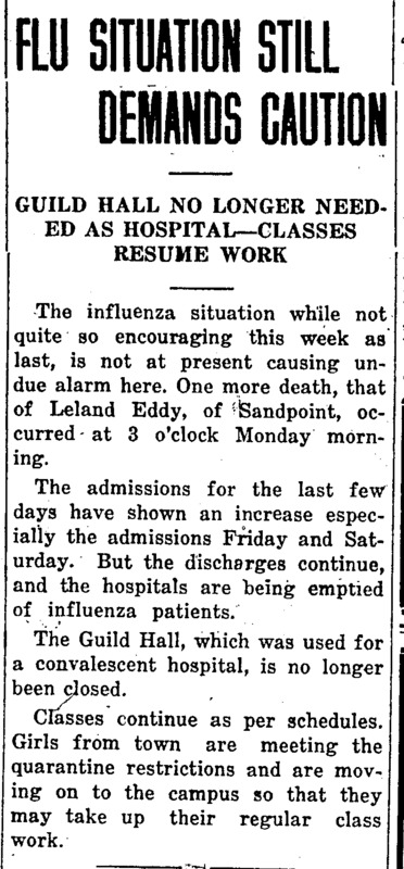 Subheaded 'Guild Hall No Longer Needed as Hospital - Classes Resume Work,' the article indicates that though the influenza continues Guild Hall is no longer being used as a convalescent hospital.