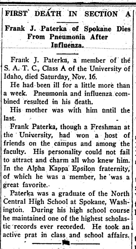 Subheaded 'Frank J. Paterka of Spokane Dies from Pneumonia After Influenza,' the article details the death of Frank Paterka.