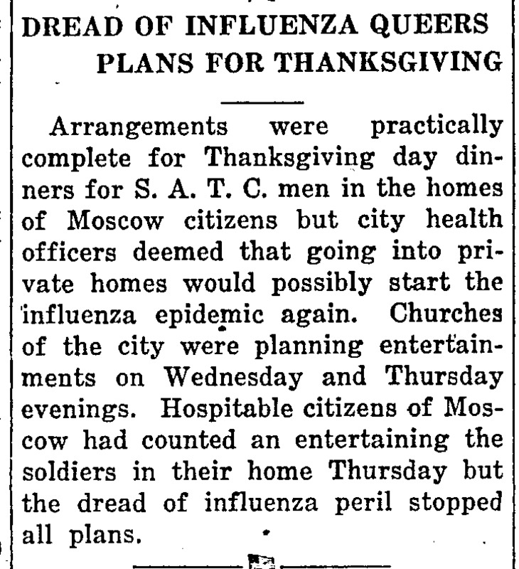 The article mentions that plans for S.A.T.C. men to visit local homes for Thanksgiving have been cancelled to stop any new spread of the flu. Activities planned by churches have also been cancelled.