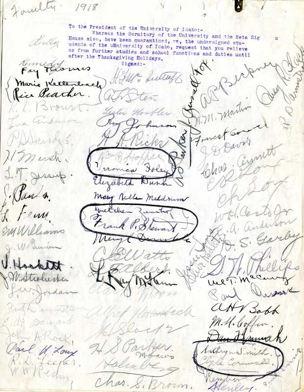 The first page of a signed petition from the students of the University of Idaho requesting cancellation of studies, school functions, and other duties until after the Thanksgiving Holiday due to the quarantine.
