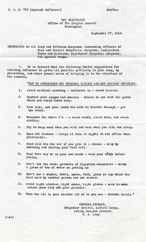 Memorandum sent from the War Department giving 12 actions to take to defend against the influenza.