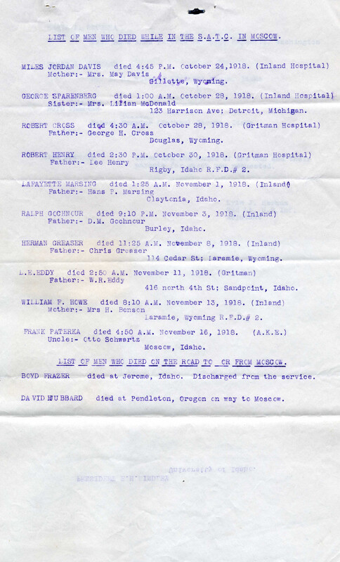 List of the twelve men who died from the Spanish Influenza while in the University of Idaho Student Army Training Corps.