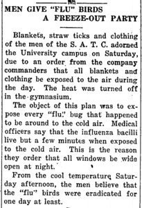The article describes an order from company commanders that all blankets and clothing be exposed to the air during the day to kill the "flu" bugs.