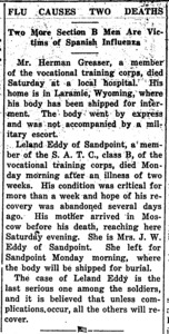 Subheaded 'Two More Section B Men Are Victims of Spanish Influenza,' the article details the deaths of two S.A.T.C. men who died of the influenza.