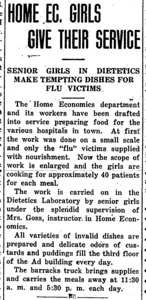 Subheaded 'Senior Girls in Dietetics Make Tempting Dishes for Flu Victims,' the article describes the work home economics students are doing for influenza patients, including cooking meals for approximately 40 patients.