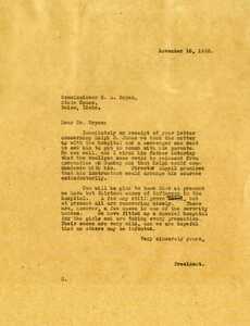 President Lindley notifies Commissioner Bryan that currently there are only 13 cases of influenza in the hospital and all are recovering well. He notes that a few cases have developed in the sorority houses.