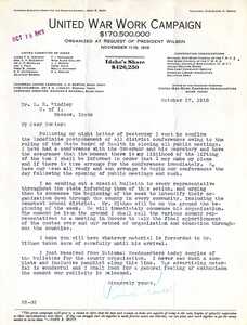 Richard Randall informs President Lindley of the postponement of all district meetings of the United War Work Campaign due to the State Board of Health ruling to close all public meetings.