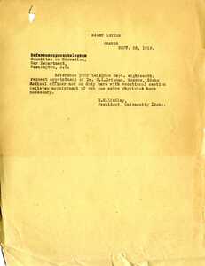 President Lindley responds to Committee on Education recommending Dr. C.L. Gritman to be appointed medical officer.