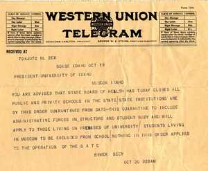 Biwer Secy informs President Lindley that the State Board of Health has closed all public and private schools, and enacted a quarantine on on state institutions.