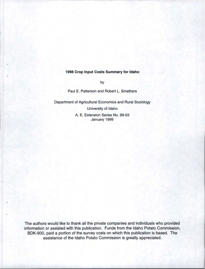 The objective of this publication is to provide producers, lenders, agribusinesses and University of Idaho researchers and Extension personnel with information needed to develop or modify traditional or alternative cost of production estimates. This publication contains operating input costs used in the production of crops in Idaho.