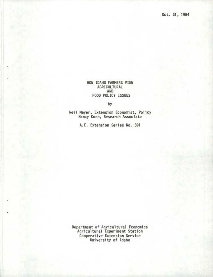 During May and June 1984, a sample of 1500 Idaho farmers/ranchers were mailed a questionnaire to find out their views on key agricultural and food policy issues that will be discussed and debated when Congress writes a new Agricultural and Food Act in 1985. This publication summarizes all the responses and divides them among farmers with different types of farming operations.