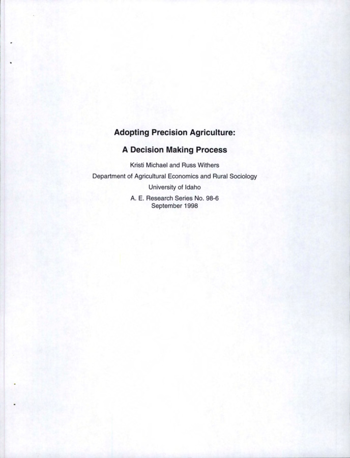 This report will discuss the various kinds of equipment available and their applications, benefits and costs associated with precision agriculture, and some examples of precision agriculture adopters. As this technology uses many new terms, a glossary of these terms is included at the end of this report.