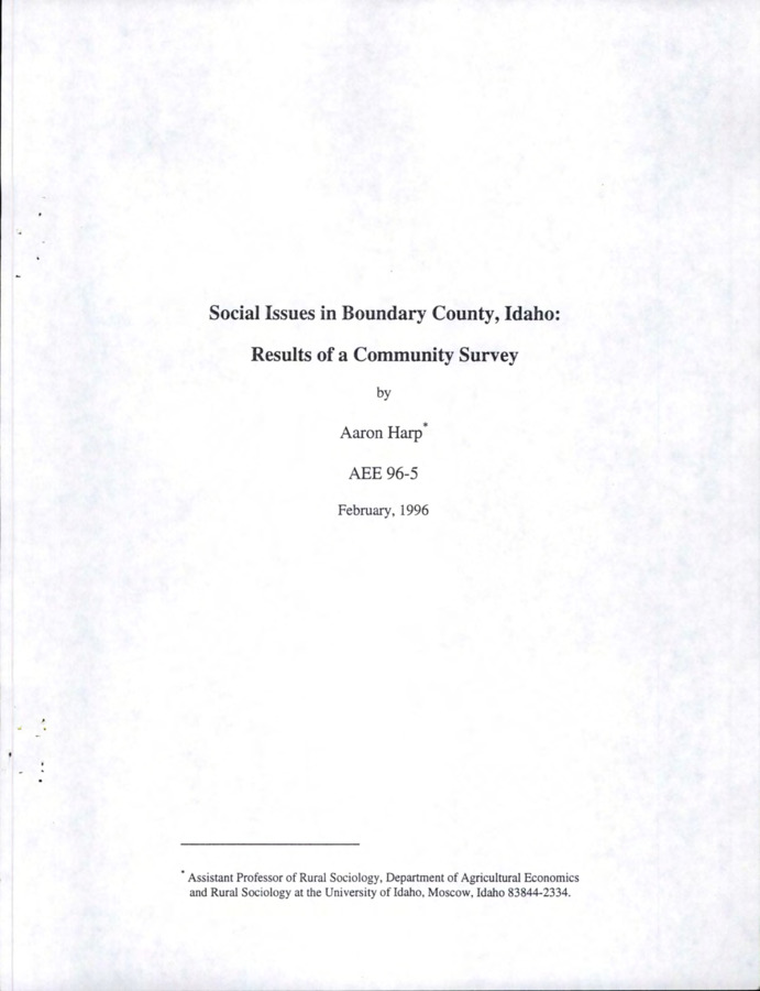 This report presents the results of a survey of county residents in Boundary County, Idaho. This survey is discussed in the context of recent population changes and developments in the local economy.