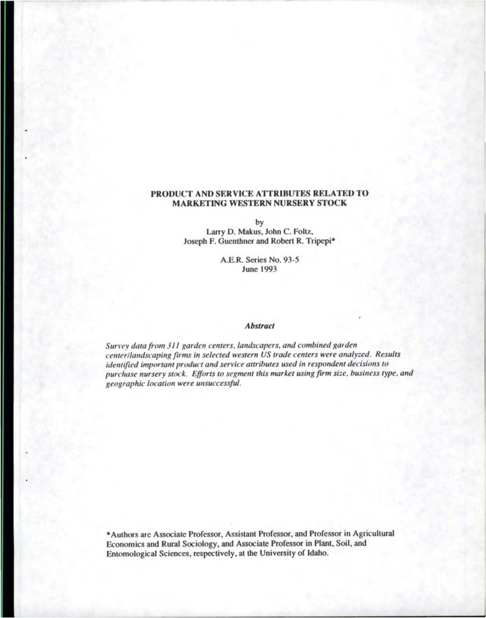 This paper presents results of a 1990 survey of western garden center and landscaping businesses. The objectives of the research were; 1) to assess the relative importance of selected product and service attributes offered by nursery stock growers and wholesalers (referred to as plant suppliers), and 2) determine whether or not the market for nursery stock can be segmented by specific buyer characteristics.