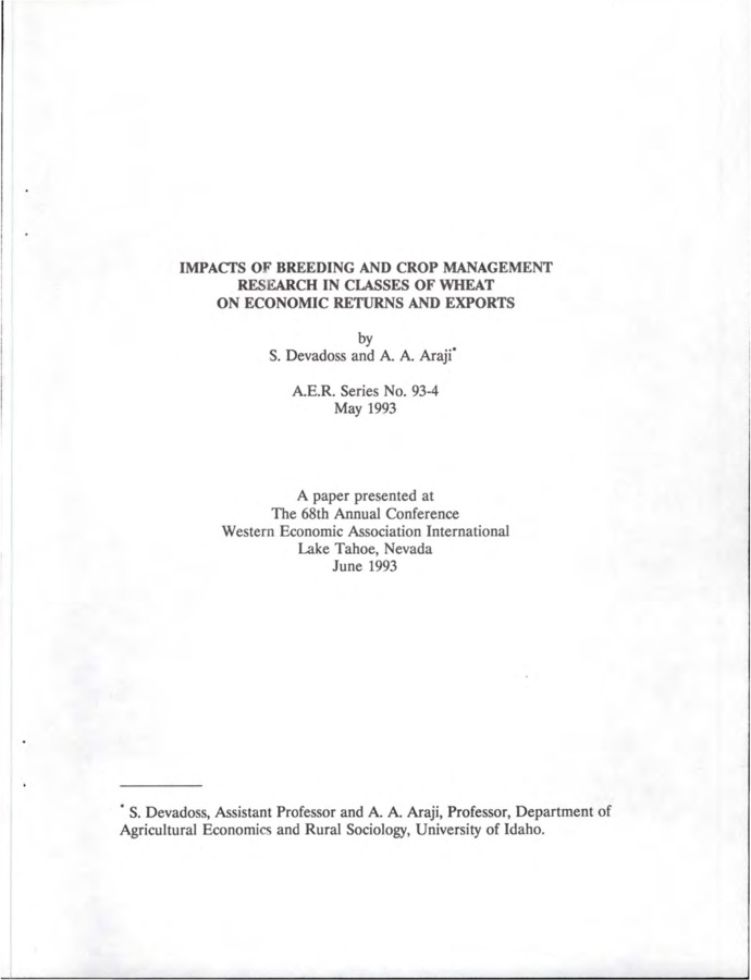 The objectives of this study are (i) to examine the impact of both the CMR and BR on various classes of wheat with emphasis on quality improvement research, (ii) to evaluate the size and distribution of the economic benefits from research on various classes of wheat, and (iii) to analyze the impacts of research on the various classes of wheat exports.