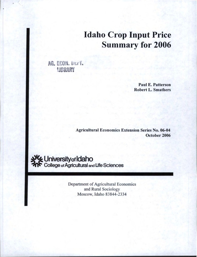 This publication provides price information for operating inputs commonly used in Idaho crop production.