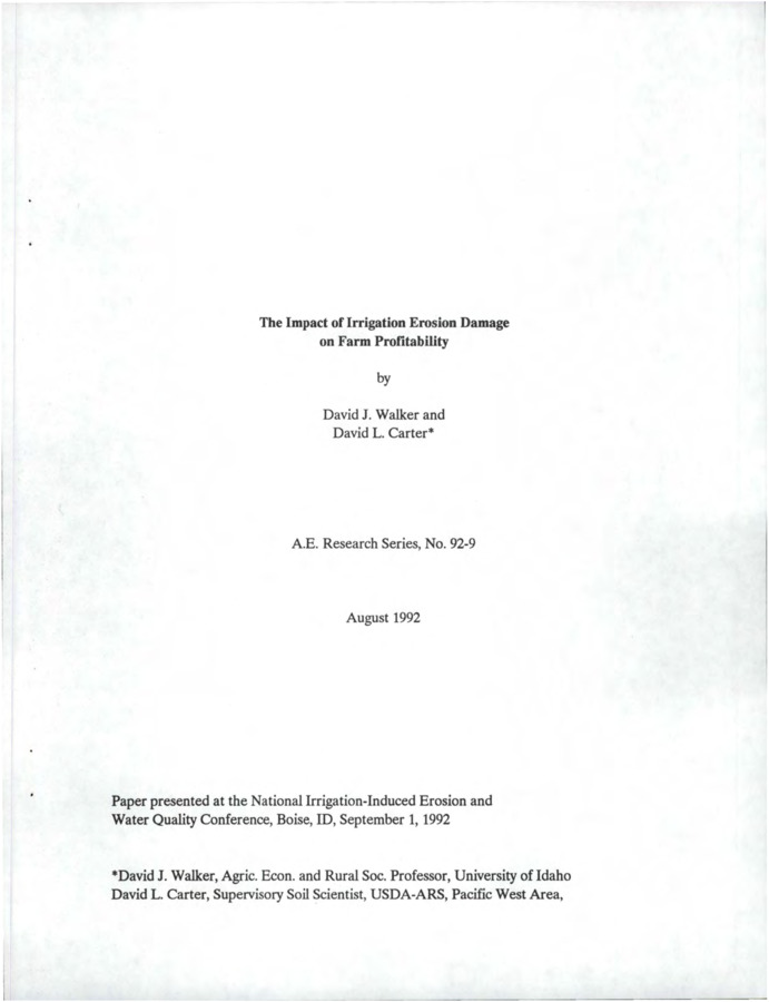 Paper presented at the National Irrigation-Induced Erosion and Water Quality Conference, Boise, ID, September 1, 1992.