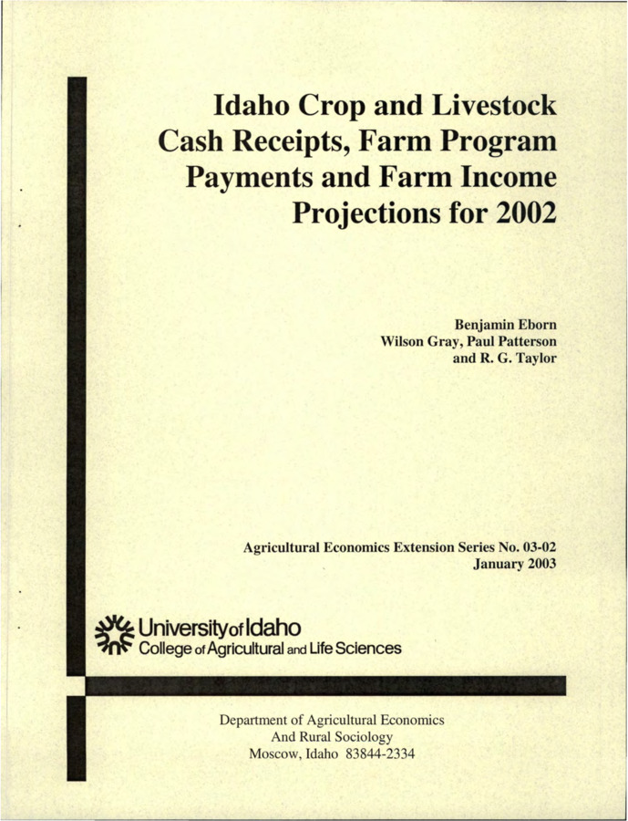 This report provides an estimate of Idaho farm and ranch cash receipts for calendar year 2002.