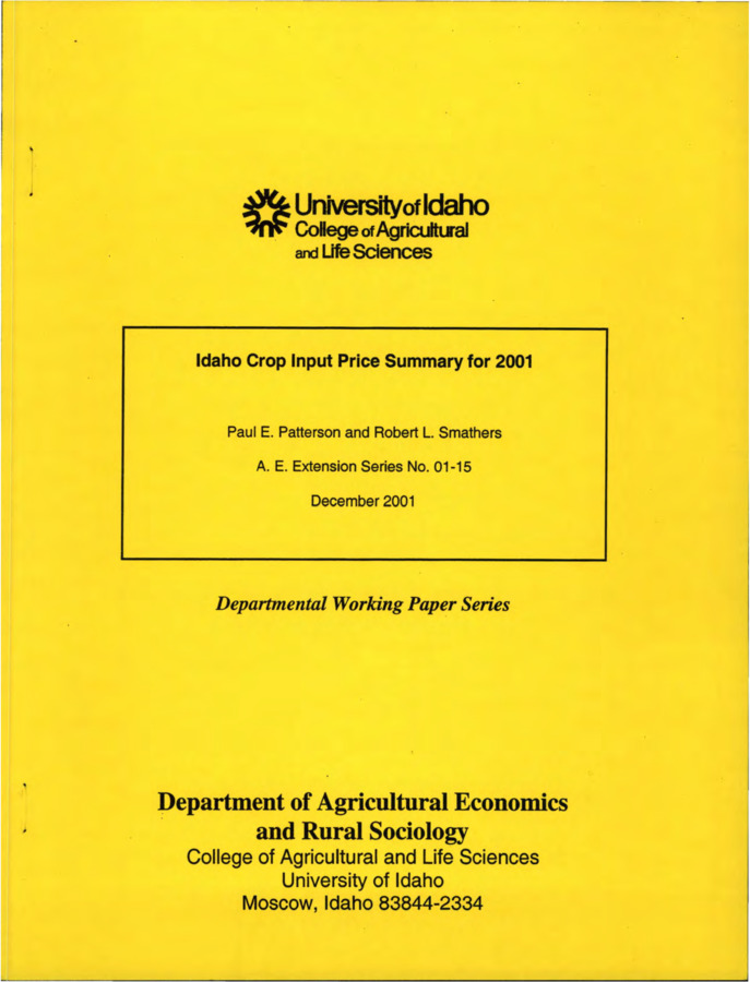 The objective of this publication is to provide producers, lenders, agribusinesses, researchers and extension personnel with input price information needed to develop or modify traditional or alternative cost of production estimates. This publication contains prices for operating inputs commonly used to produce crops in Idaho.