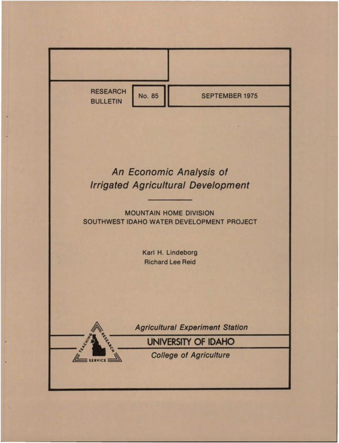 This report results from a joint project of the Agricultural Experiment Station with the Water Resources Research Institute at the University of Idaho and the Idaho Water Resources Board, Boise. The joint study dealt with the multipurpose development of water resources in Southern Idaho.