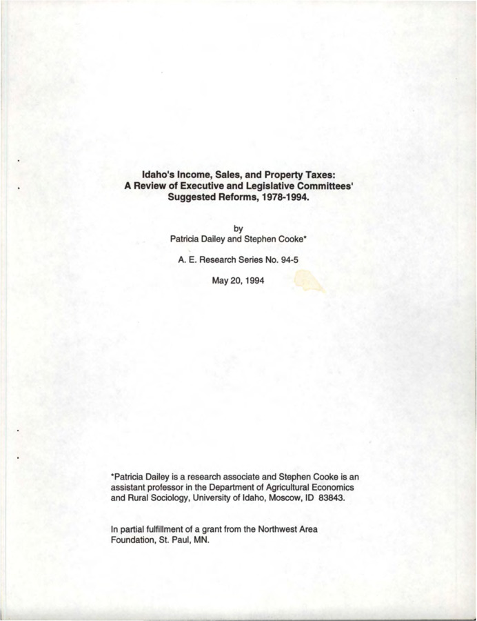 This survey reviewed the recommendations of four Idaho Legislative Interim Tax Committees (1984, 1986, 1988, 1994), two Governor's Blue Ribbon Tax Committees (1978, 1988), and the Governor's Tax Package of 1993. The recurring income tax reform proposal is that the State income tax structure converge with the Federal structure, including the quarterly collection of estimated income tax payments.