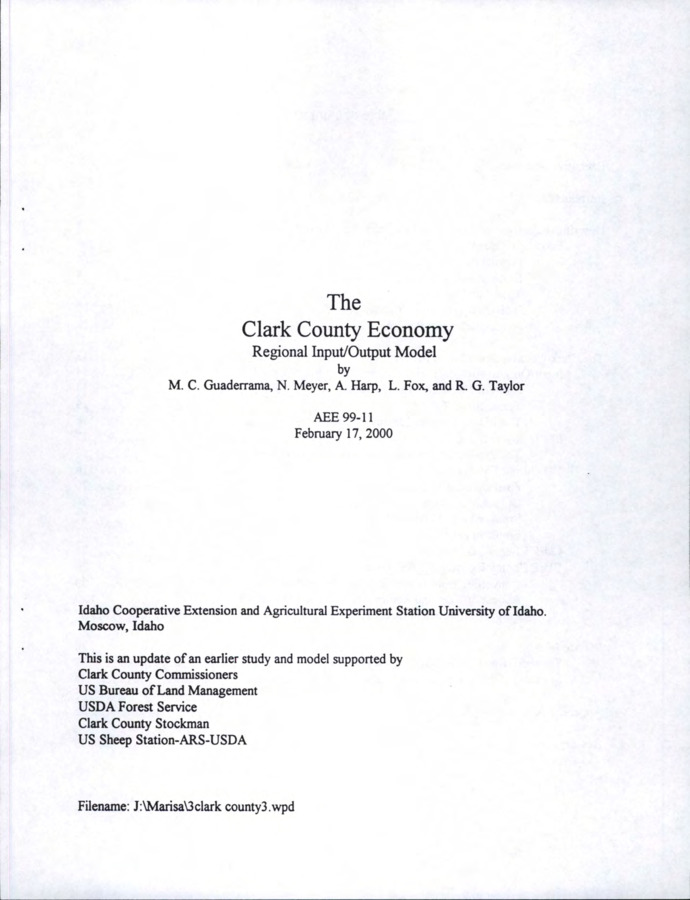This study and the model constructed or developed to accomplish it are based on 1996 secondary data, and personal interviews with numerous businesses, government officials, residents and visitors to Clark County.