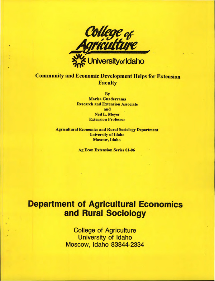 This pamphlet is an attempt to pull together some resources which will be helpfully to extension faculty concerned about community and economic development conditions. It provides potential aids, bulletin sources and web site which can in understanding social and economic conditions.