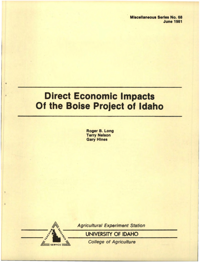 The Boise Project of Southwestern Idaho was built by the Bureau of Reclamation during the period from 1910 to 1956, at which time the irrigated acreage increased from 51,377 to 340,613 acres. This first report of the economic subproject brings together the relevant direct cost and return (benefit) information from the project.