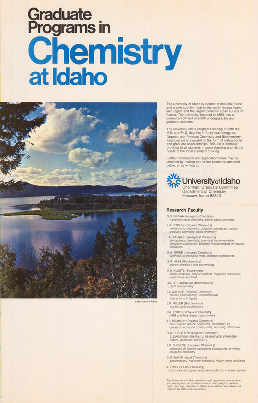 Poster advertising the University of Idaho's graduate chemistry programs. A color photograph of Lake Coeur d'Alene is next to text describing the program and a list of the research faculty.